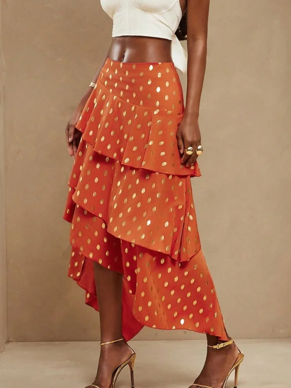 Orange Boho Women's Asymmetrical Layered Midi Skirt